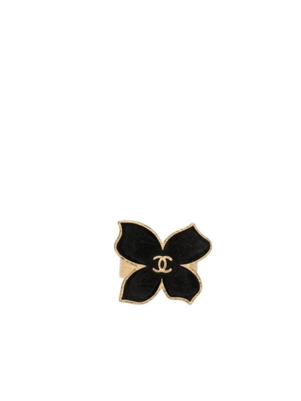 Chanel CC Logo Flower Motif Ring Gold Black Plated